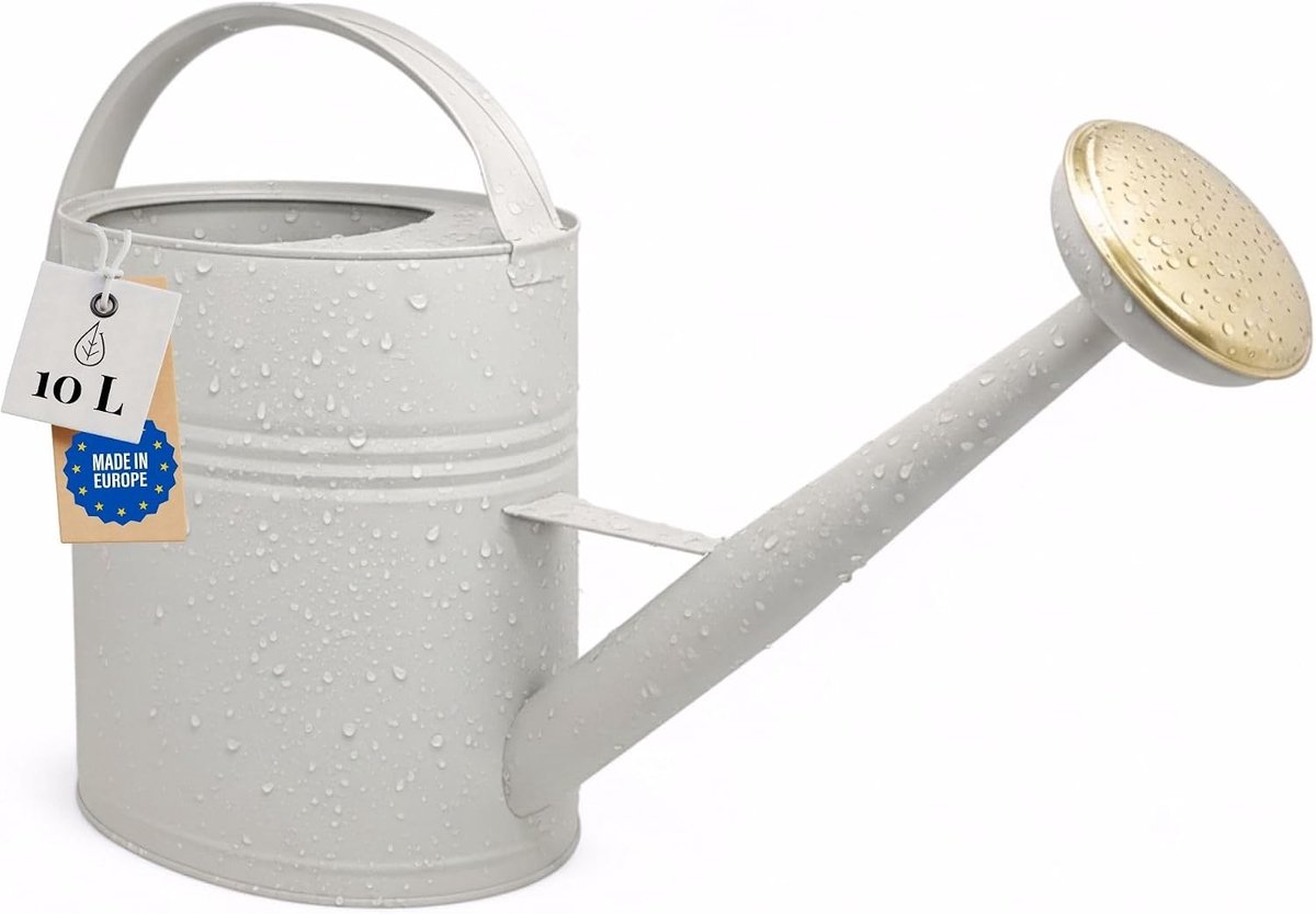 Gieter 10 l, metalen gieter, voor tuin en balkon, hoogwaardige gieter 10 liter van verzinkt metaal, gieter met afneembare sproeier, retro met messing sproeier, greige