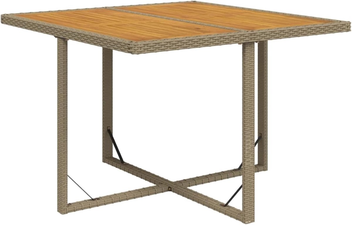 Tuintafel, beige, 109 x 107 x 74 cm, polyrotan en massief acaciahout, outdoor eettafel, terrastafel, balkontafel, bijzettafel voor tuin en balkon316791