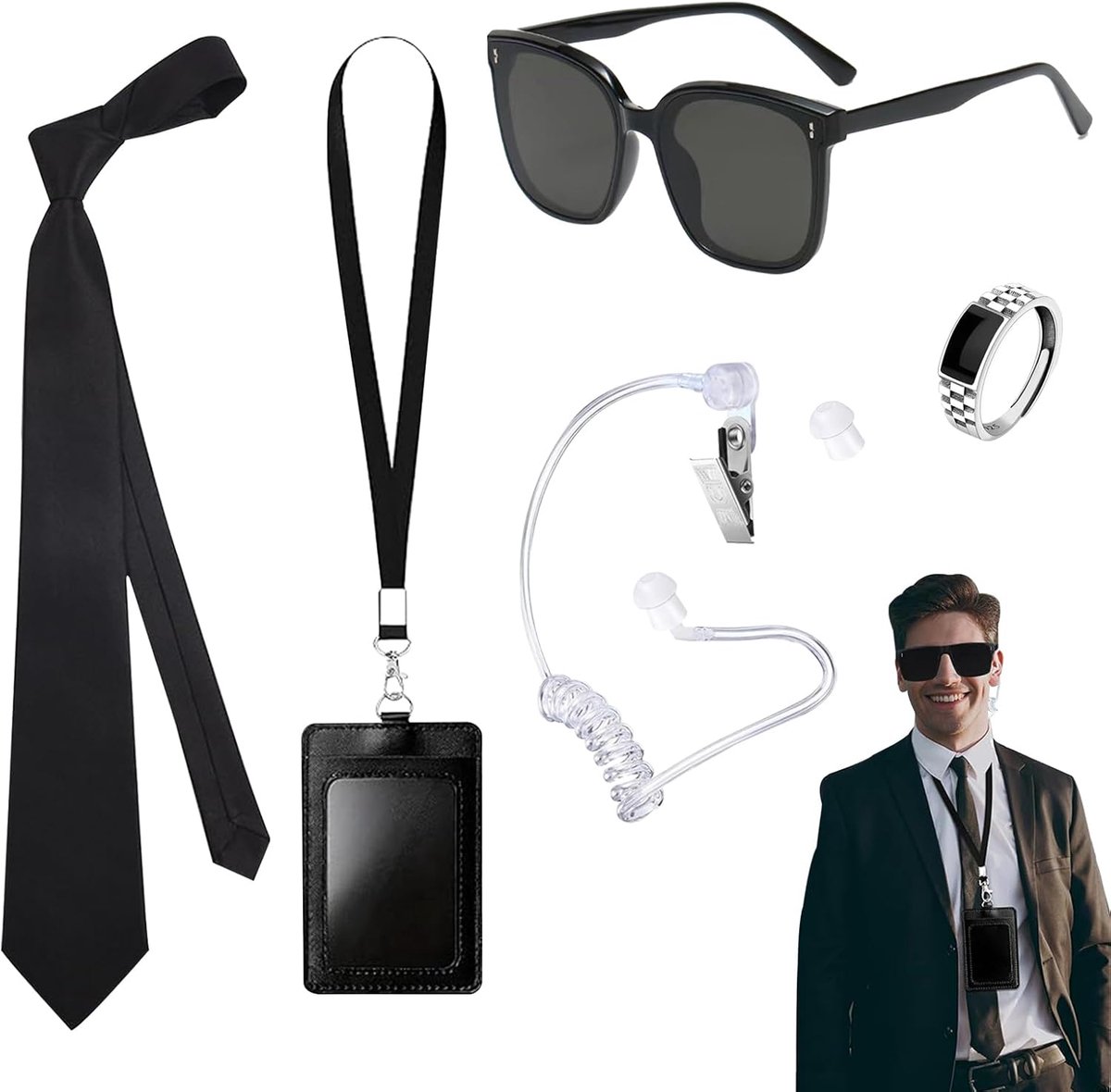Dailygoods- Agent Kostuum Accessoires 5-delig - Zwarte Zonnebril - ID-Kaarthouder - Oorstuk - Verstelbare Schouderriem - Voor Mannen/Vrouwen - Spionag