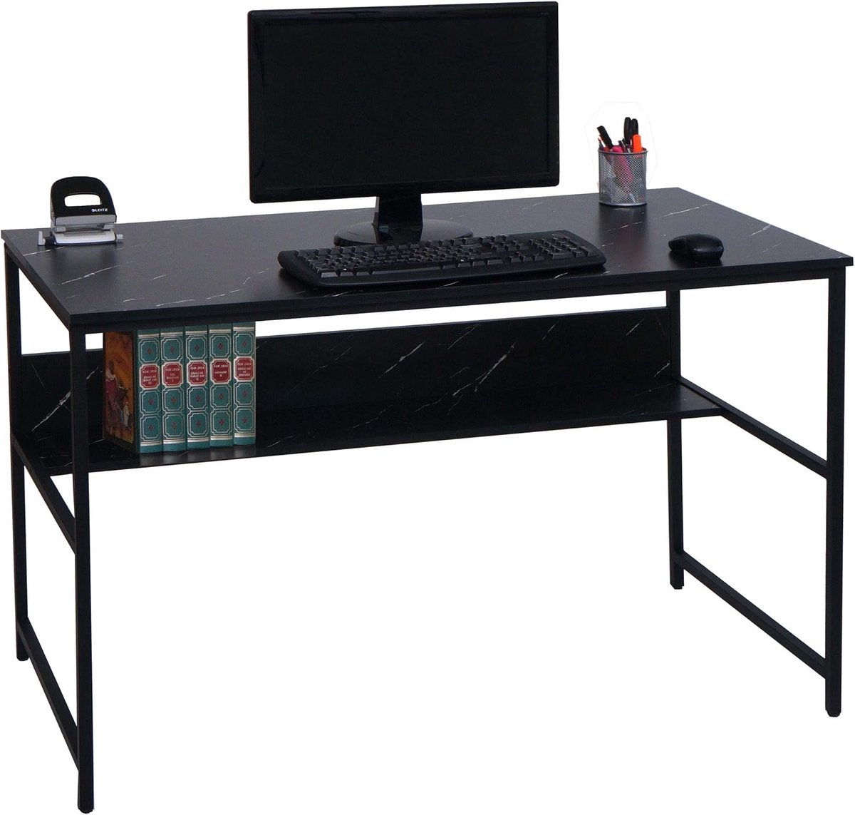 Schrijftafel HWC-K80, kantoortafel computertafel werktafel met legplank, metaal MDF 120x60 cm - marmerlook zwart
