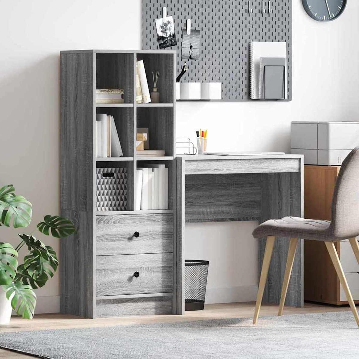 Bureau met opbergruimte, grijs Sonoma houtmateriaal, bureaus, moderne computertafel voor werkkamer, slaapkamer, woonkamer