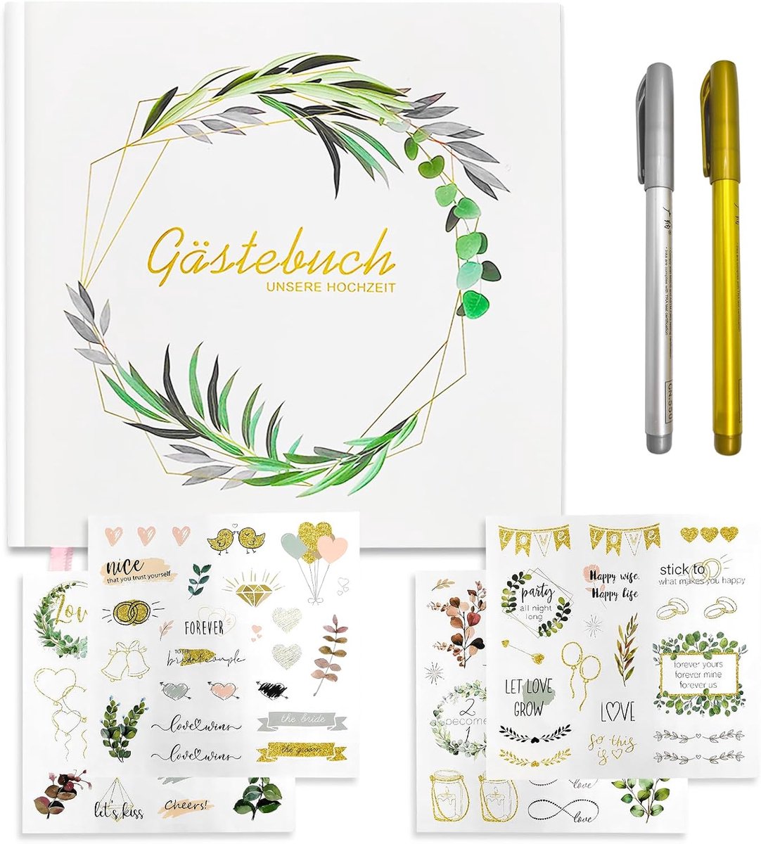 Gastenboek bruiloft, gastenboek verjaardag, 100 pagina's fotoalbum bruiloft met 4 stickers bruiloft gastenboek + 2 metallic stiften, bruiloftsdecoratie, gastenboek zilveren bruiloft