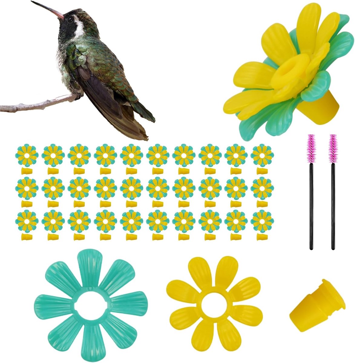 30 stuks vervangende voederhuisjes, hangende vervangende bloemen voor kolibries met 2 reinigingsborstels, vervangende onderdelen voor kolibries voor buitengebruik(groen + geel met gele kern)