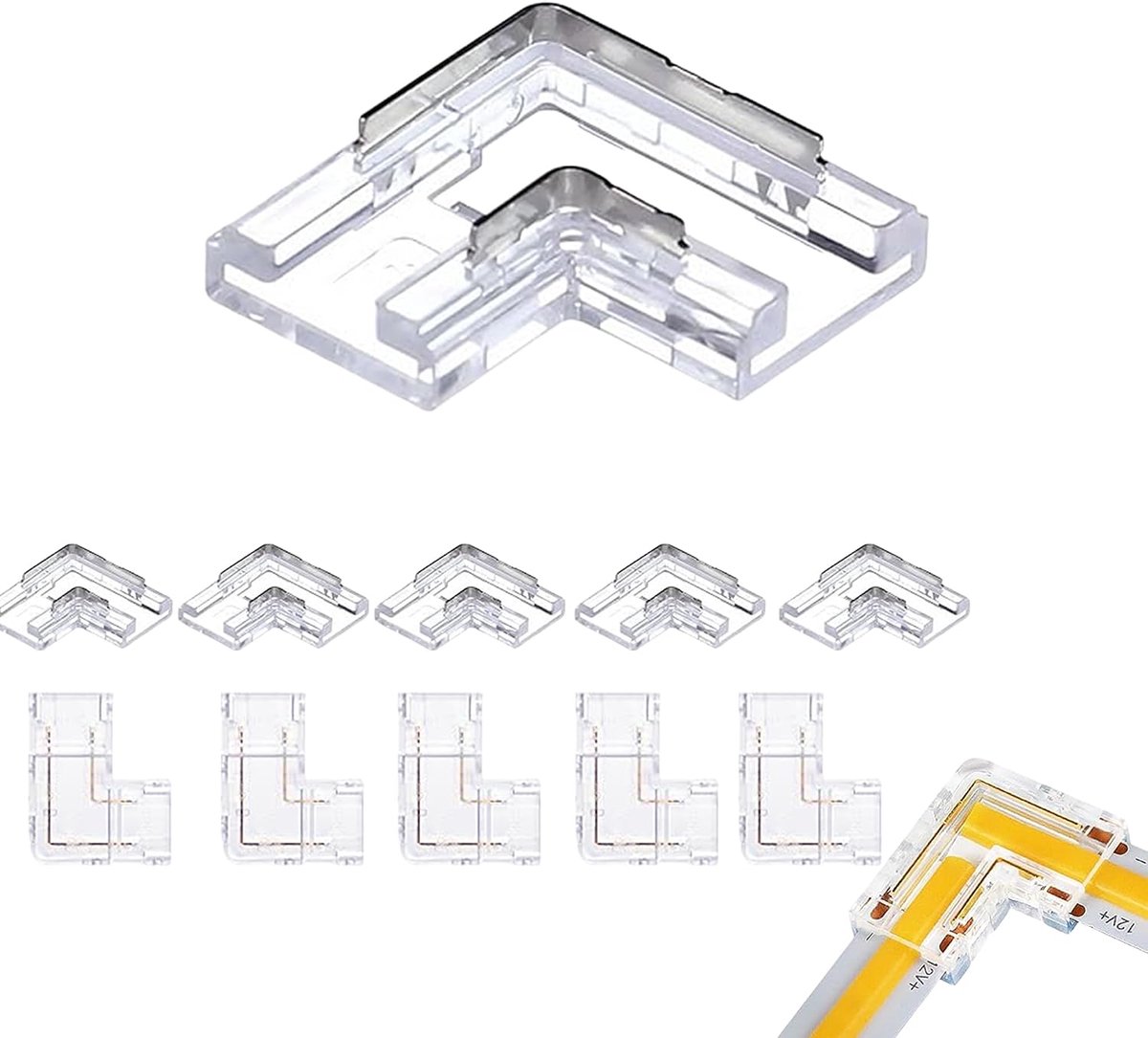 8mm 2Pin 10 Packs l-vormige geperste montage COB Led strip connector, slim, rechte hoek 90 graden connector voor monochrome 5V/12V/24V lichtstrip, transparante terminal
