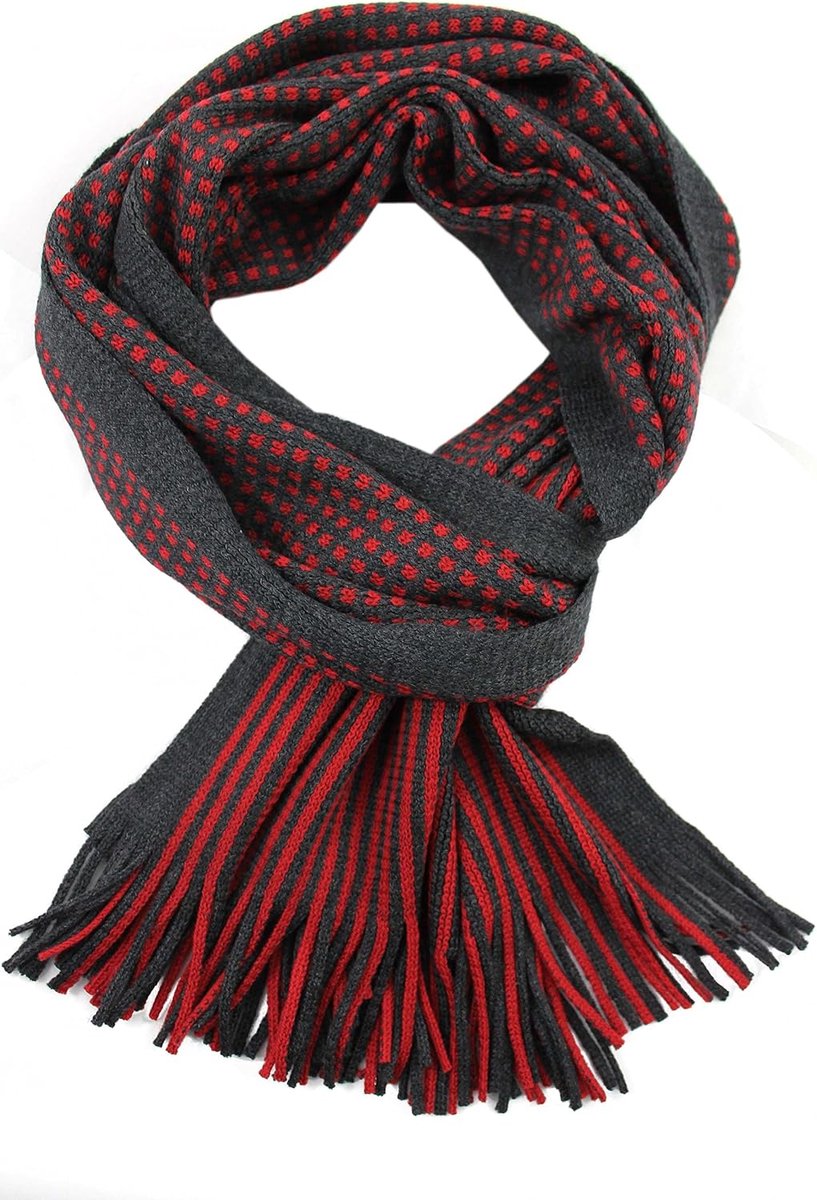 Herensjaal, knuffelsjaal, gebreide sjaal, raselsjaal, strepen met ruit, 100% wol, Made in Germany, rood/grijs, 180 x 28 cm