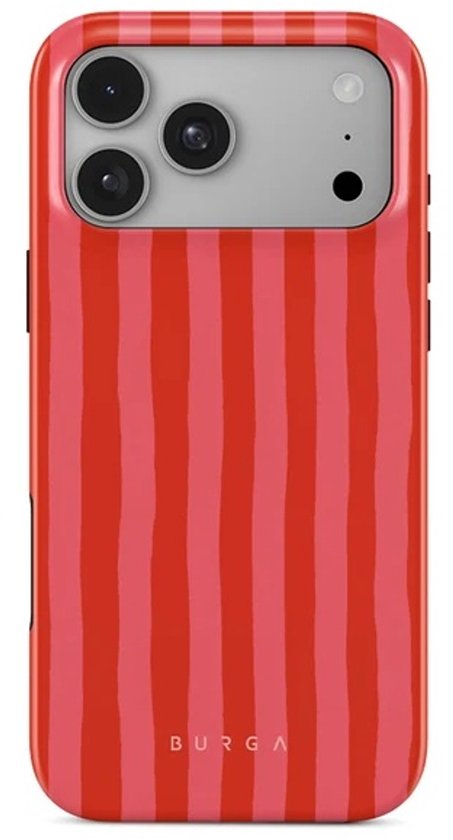 iPhone 14 Pro Max hoesje met roze en rode verticale strepen, Burga logo.