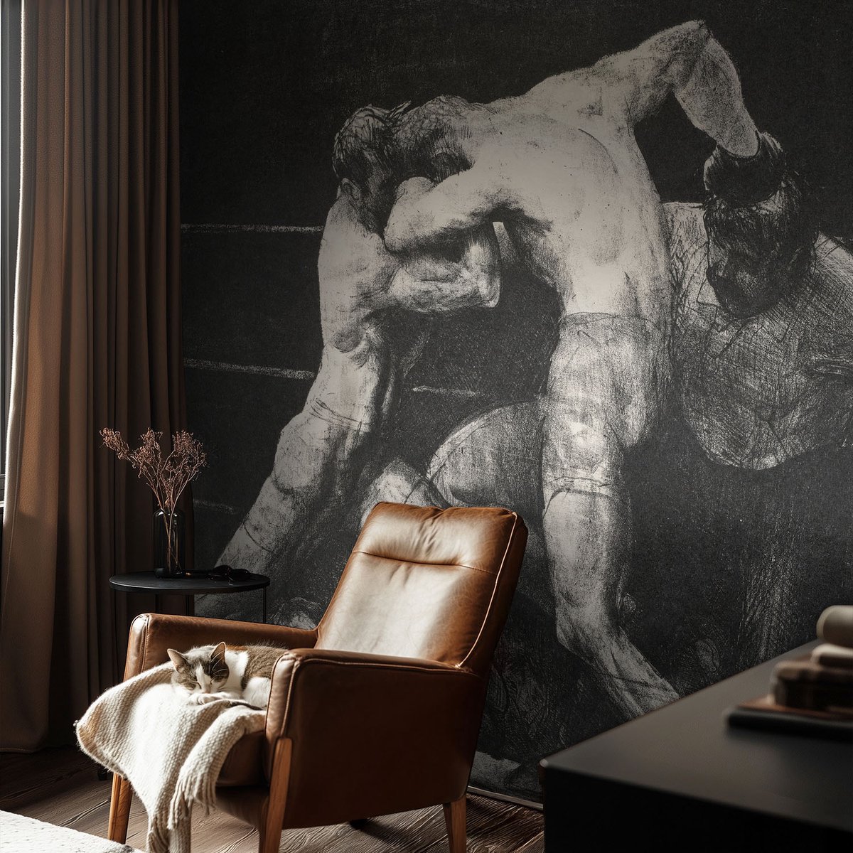 Coloray Vliesbehang - Zwart Snellijm Behang - 104x70 cm - Boksersduel Fotobehang Vlies - Woonkamer behang Deel - Muurschildering - Hal behang