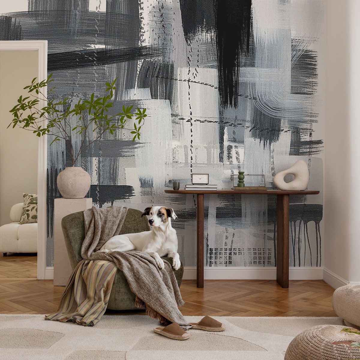 Coloray Vliesbehang - Zwart Snellijm Behang - 104x70 cm - Moderne Kunst Fotobehang Vlies - Hal behang Abstractie - Muurschildering - Hal behang
