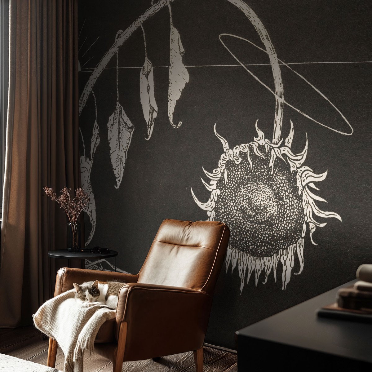 Coloray Vliesbehang - Zwart Snellijm Behang - 104x70 cm - Nostalgische Zonnebloem Muurschildering - Gang behang Deel - Fotobehang Vlies - Slaapkamer behang