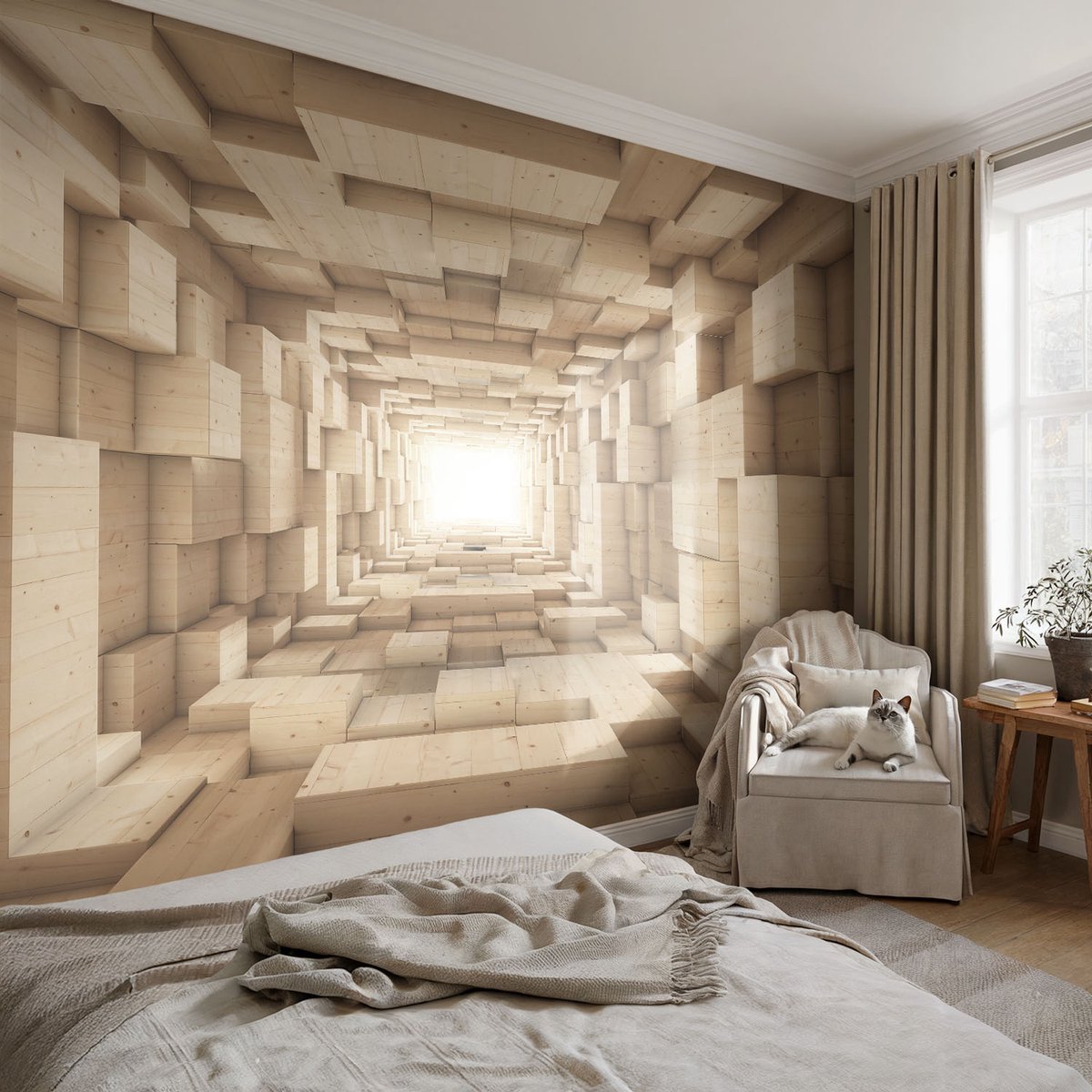 Coloray Vliesbehang - Beige Snellijm Behang - 104x70 cm - Houten Tunnel Muurschildering - Slaapkamer behang Architectuur - Fotobehang Vlies - Gang behang