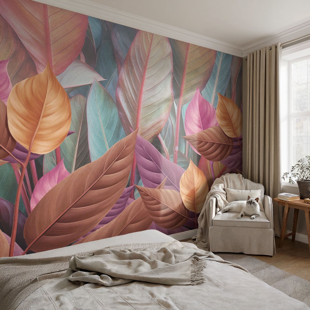 Coloray Vliesbehang - Bruin Snellijm Behang - 104x70 cm - Kleurrijke Bladeren Muurschildering - Gang behang Bloemen En Planten - Fotobehang Vlies - Slaapkamer behang