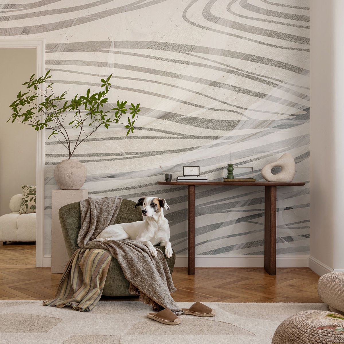 Coloray Vliesbehang - Wit Snellijm Behang - 104x70 cm - Golvende Lijnen Muurschildering - Slaapkamer behang Achtergronden En Patronen - Fotobehang Vlies - Gang behang