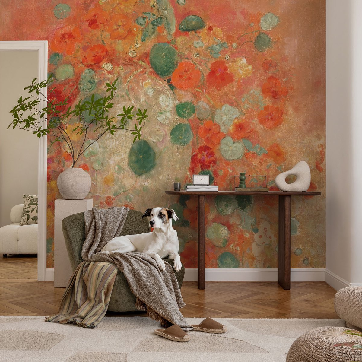 Coloray Vliesbehang - Oranje Snellijm Behang - 104x70 cm - Abstracte Bloemen Muurschildering - Slaapkamer behang Bloemen En Planten - Fotobehang Vlies - Slaapkamer behang