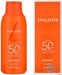 Oranje fles en kartonnen doos van Lancaster Sun Beauty Lait Corps Body Milk SPF50. De fles heeft een grote oranje 'L'.