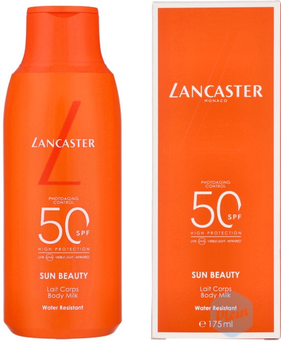 Oranje fles en kartonnen doos van Lancaster Sun Beauty Lait Corps Body Milk SPF50. De fles heeft een grote oranje 'L'.