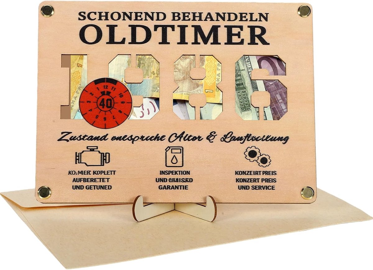 40e verjaardag mannen, geldgeschenken verjaardag, verjaardagskaart man, houten standaard "Oldtimer 1986" grappige geldgeschenken hout met envelop, verjaardagskaart 40 man grappig voor autofans