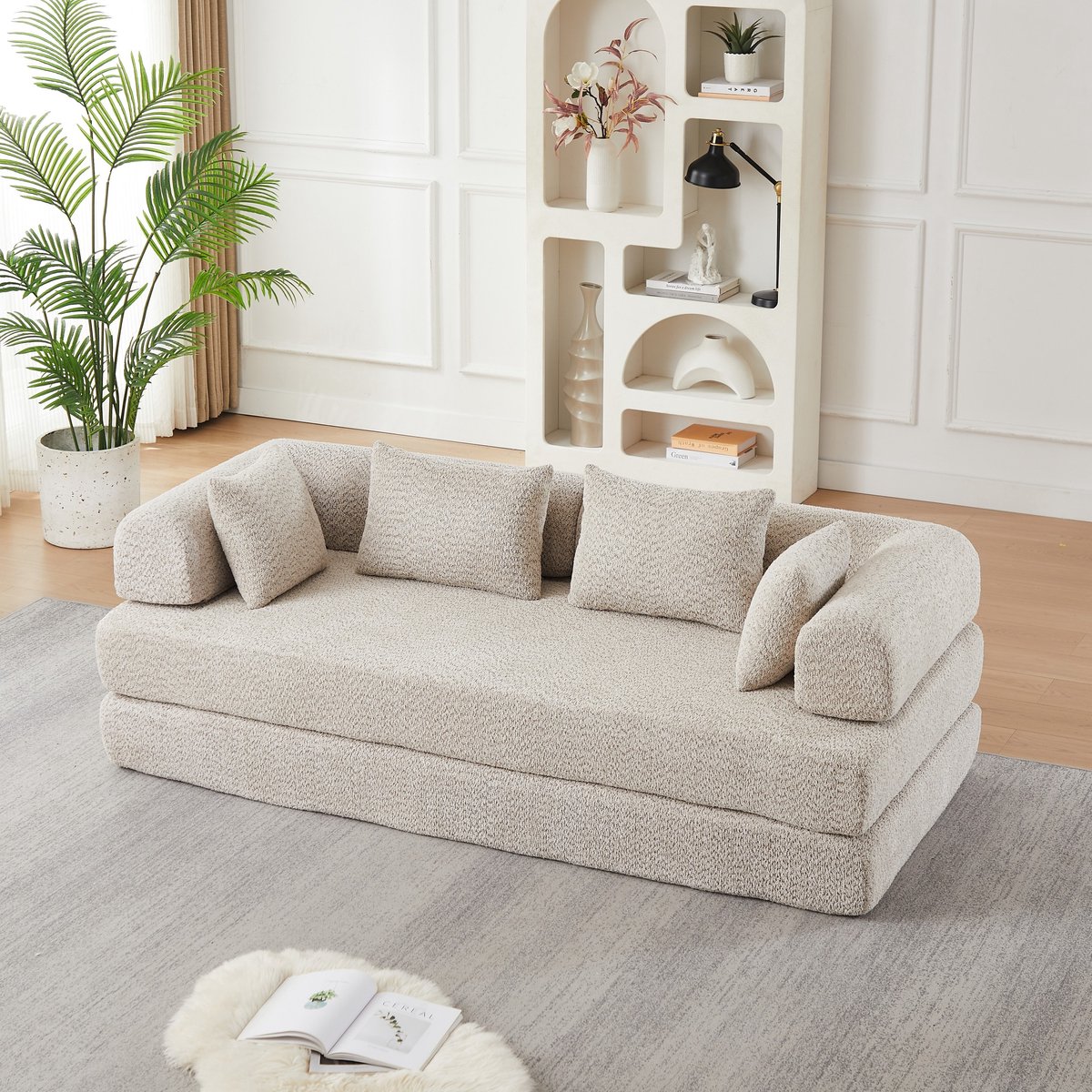 PHOEBE CAT Tweezitsbank - Slaapbank - Chenille - Geen montage nodig - Met 4 kussens - Modulair ontwerp - Beige