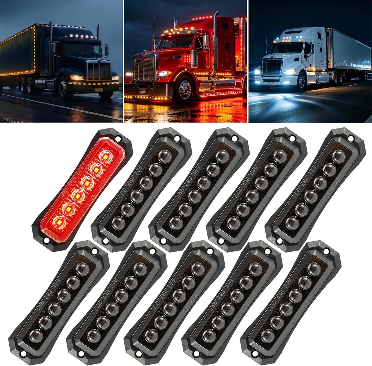 10 x led-markeringslampen, 12 V-24 V, met 6 leds, rooklenzen, universeel, waterdicht, voor vrachtwagen, bestelwagen, aanhanger, auto, boot (rood)