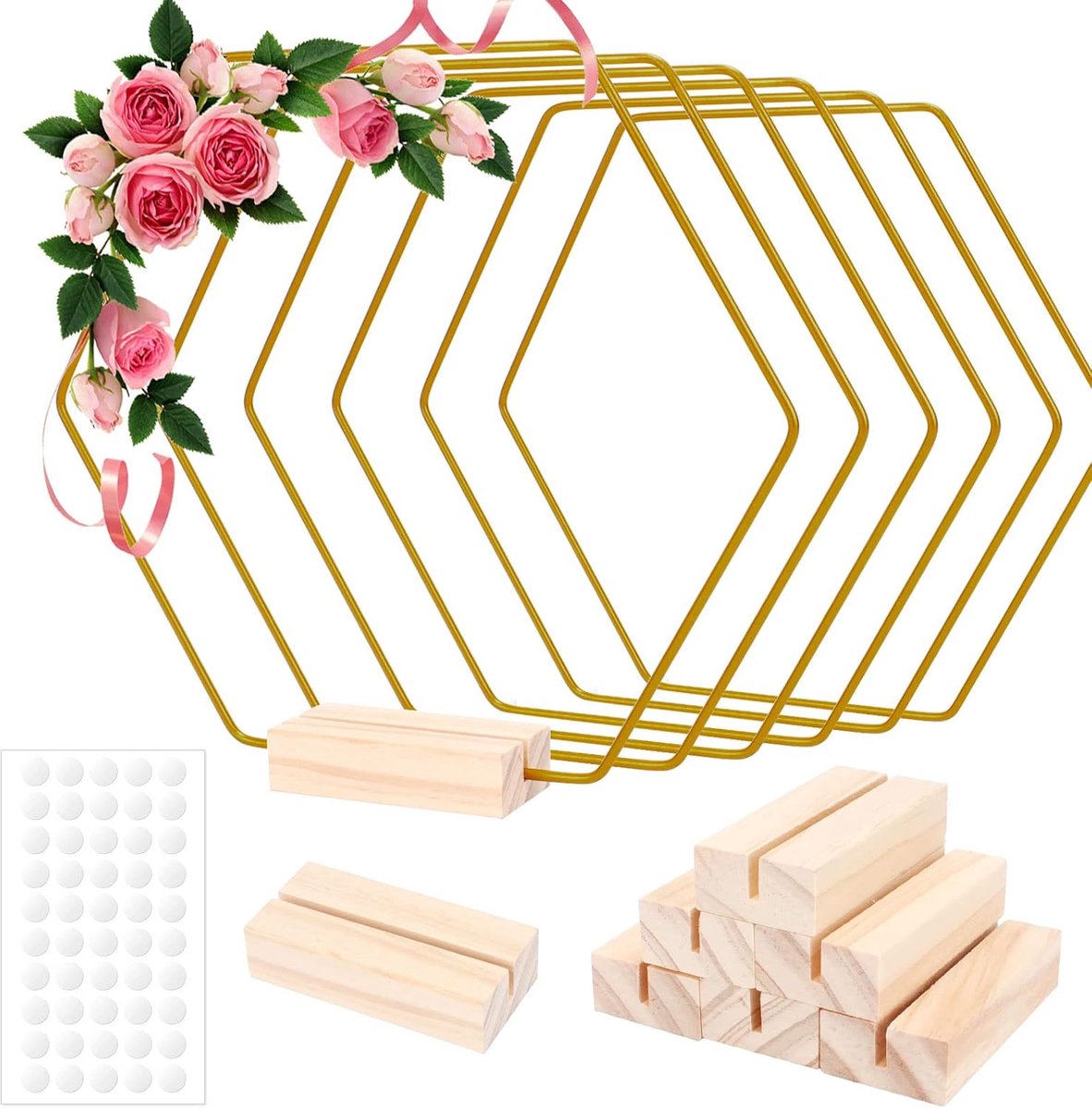 6 stuks metalen ringen om te knutselen, 20 cm zeshoekige decoratieve metalen ring met 6 houten standaard, gouden draadringen om te knutselen, metalen decoratieve ringen voor doe-het-zelf handwerk,