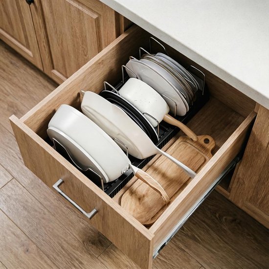Pannenorganizer, pannenopslag, uittrekbaar, 33-56 cm, zwarte potdekselhouder, potdekselhouder, lade met 7 verstelbare houders, voor potten, borden, snijplanken — afbeelding 5