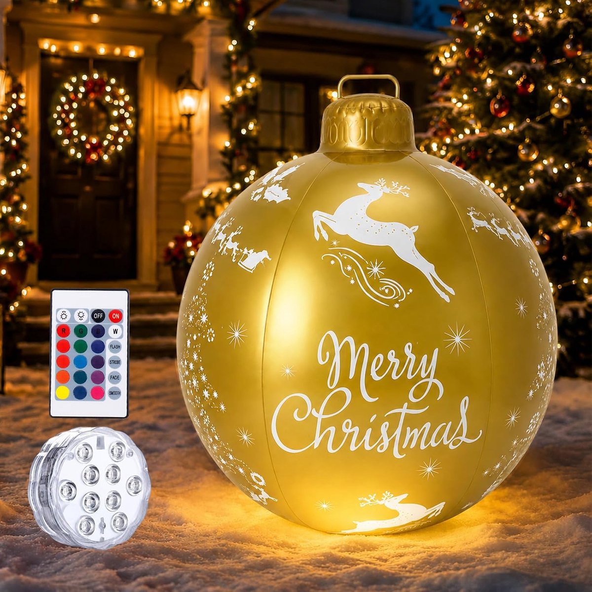 Kerstballen, 60 cm Grote Lichtgevende LED Kerstballen met Afstandsbediening, Kerstversiering Opblaasbare kerstbal voor bruiloft, tuin, woondecora, Kerstcadeau (Gouden)