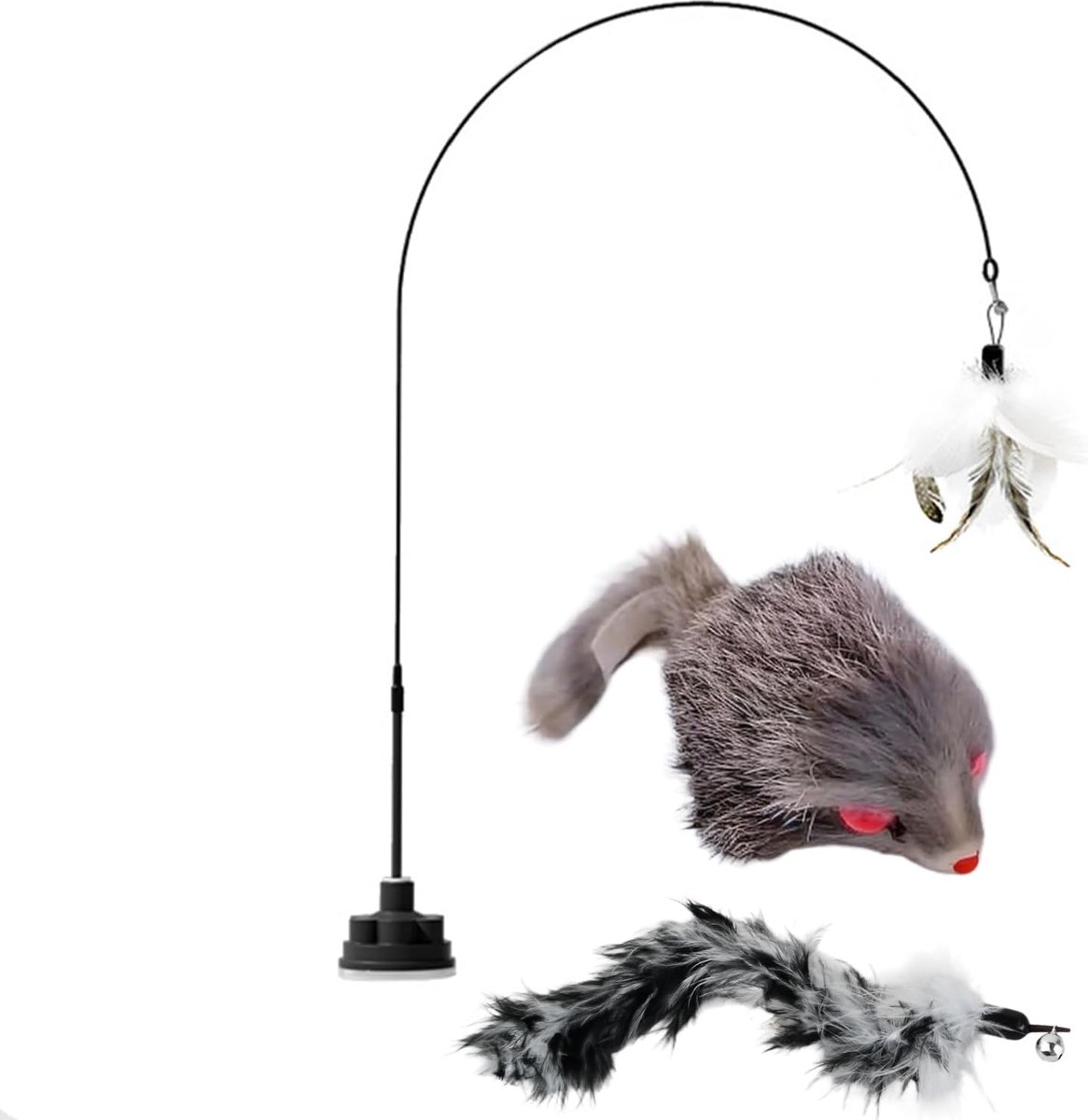 Kattenspeelgoed met draaibare zuignap, zwart, 1 grijze veerkop en 1 vervangende muiskop, geschikt voor kleine en grote katten, 100 cm lang