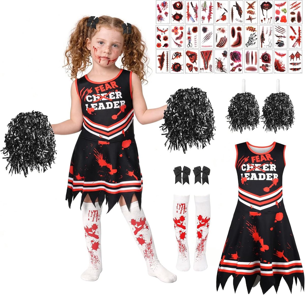 Cheerleader-kostuum voor meisjes, eng big zombie-cheerleaderkostuum