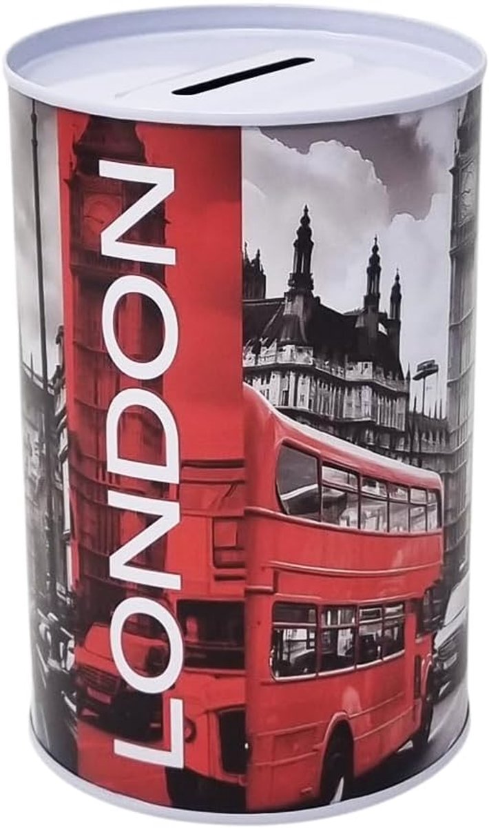 Spaarpot design London afbeeldingen Double Decker en Big Ben van metaal plaatstaal, niet openklapbaar, 13 x 8 cm