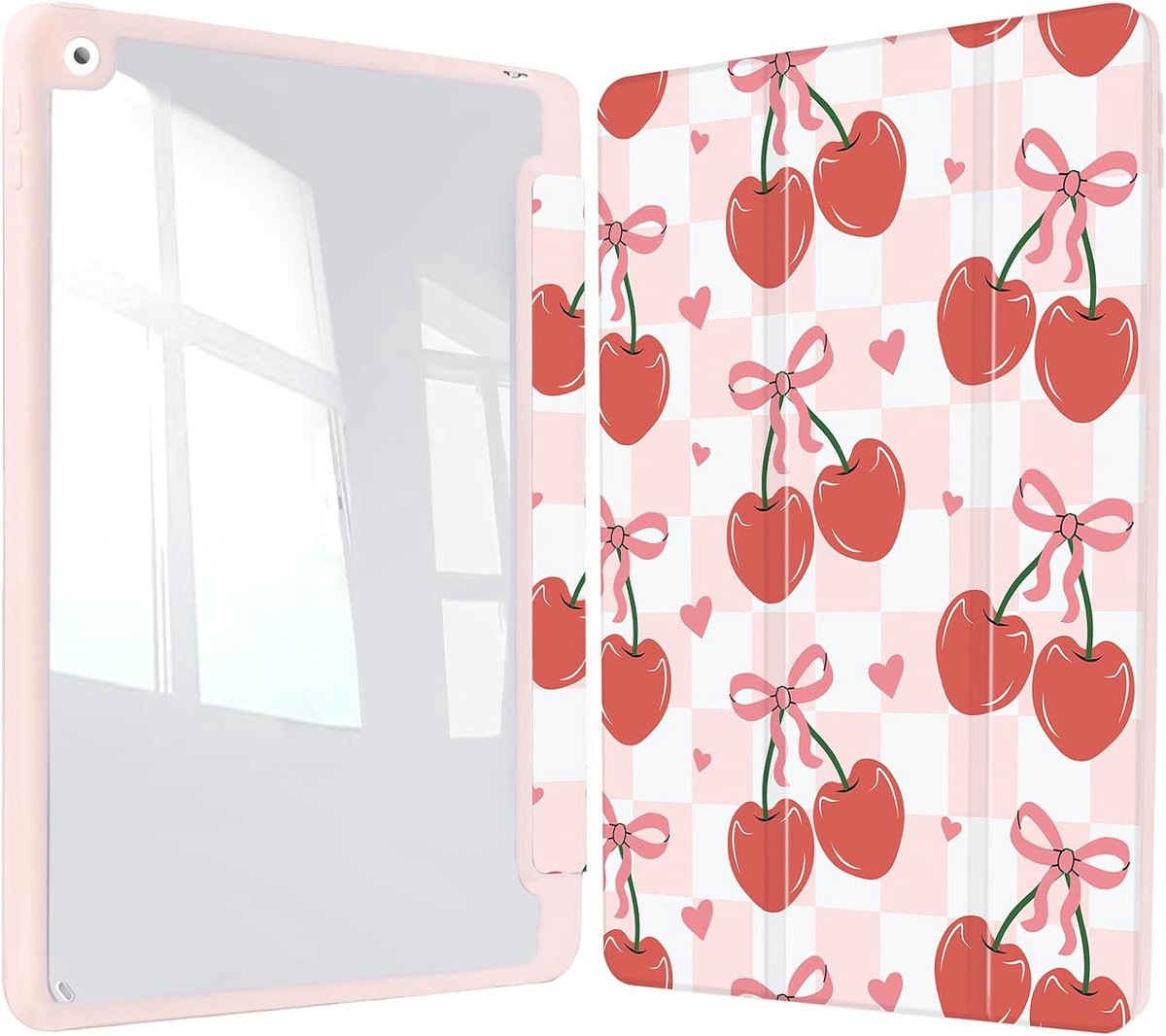 10,2 inch Leuke Cherry Bow Case voor iPad 9e/8e/7e Generatie met Clear Back Shell w/Potlood Houder, Shockproof Tri-fold Stand Beschermhoes w/Auto Sleep Wake voor iPad 9e/8e/7e