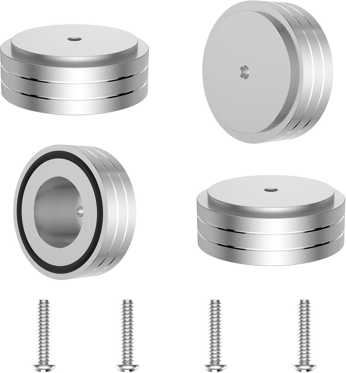 4 stuks HiFi absorberende voeten, subwoofer, aluminium, 58 x 22 mm, luidsprekervoeten om te schroeven, zilver