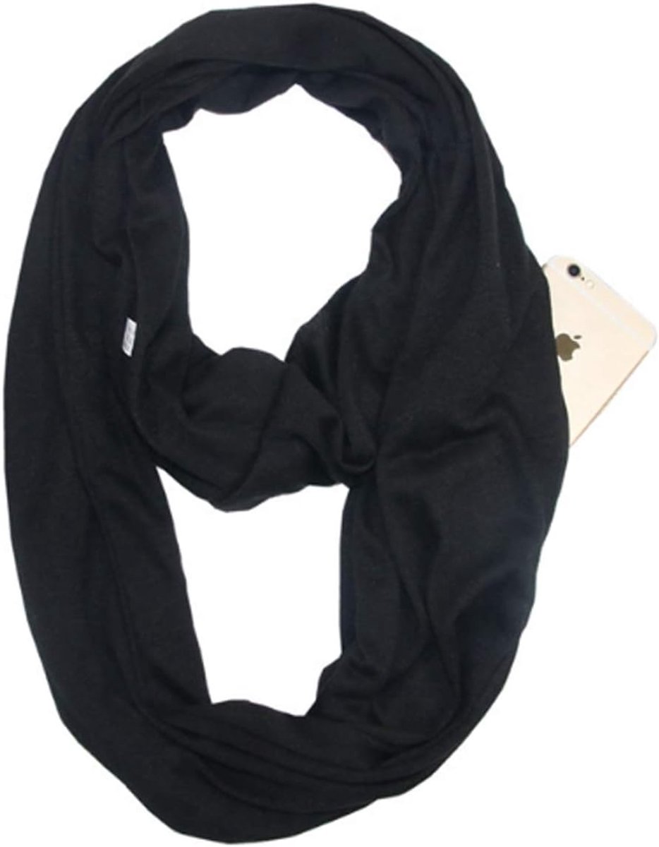 Sjaals voor vrouwen, meisjes, dames, reissjaal, lichte sjaal, Infinity-wrap met verborgen zak, sjaals voor vrouwen, Zwart, M
