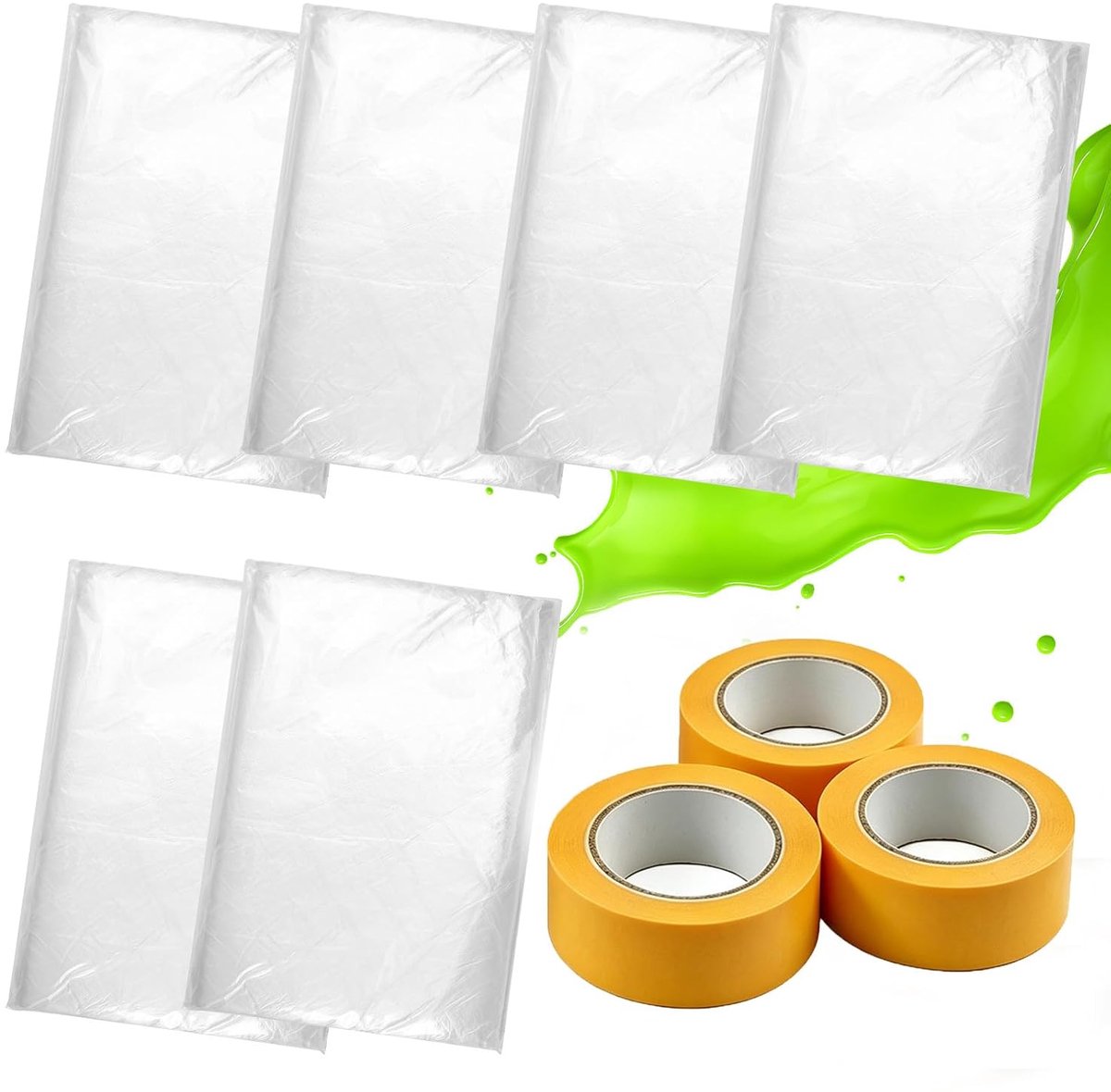 6 Stuks Afdekfolie voor Schilderen 4x5m Transparante Stofbeschermingsfolie met 3 Rollen Afplaktape 35mm x 20m voor Verbouwing, Verhuizing, Klussen