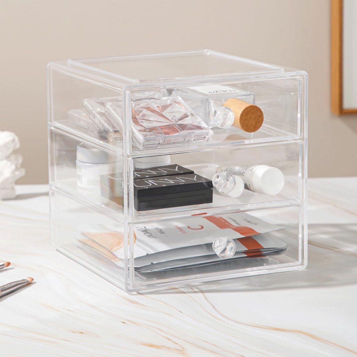 Organizer Opbergdoos met 3 laden, Acryl Cosmetische Opbergdoos Sieraden Display Box Caddy voor Zonnebril Sieraden Kaptafel Vanity Teller in de Slaapkamer Badkamer Geschenkidee, Transparant