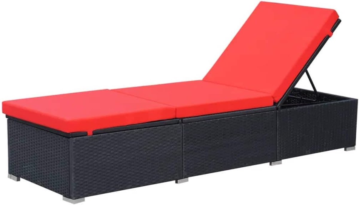 Yorten Zonneligstoel, Rotan Stoel, Relaxstoel, Ligstoel, Strandstoel, Tuinmeubelen, Tuinligstoel, Polyrotan en Stalen Frame, 195 x 60 x 31 cm (B x D x H) Zwart en Rood