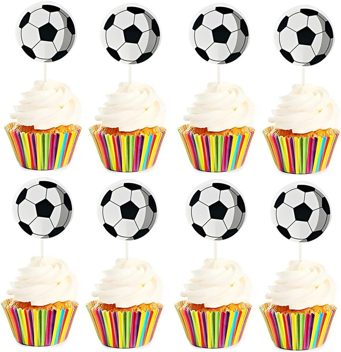 96 stuks eetbare taartdecoratie, cupcake-toppers, decoraties voor voetbalcake, suikerpapier voor kinderverjaardagen, voetbaldecoratie voor muffins (wit en zwart)
