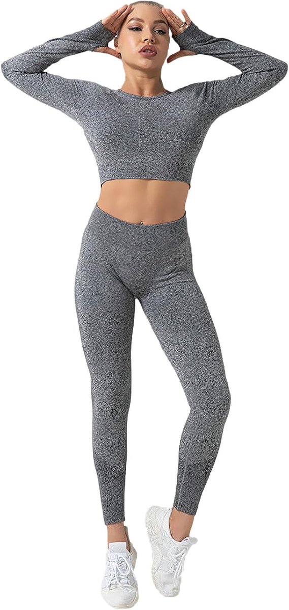 Yogakledingset voor dames, rekbaar, met lange mouwen, crop top + leggings, trainingspak, gym-outfits