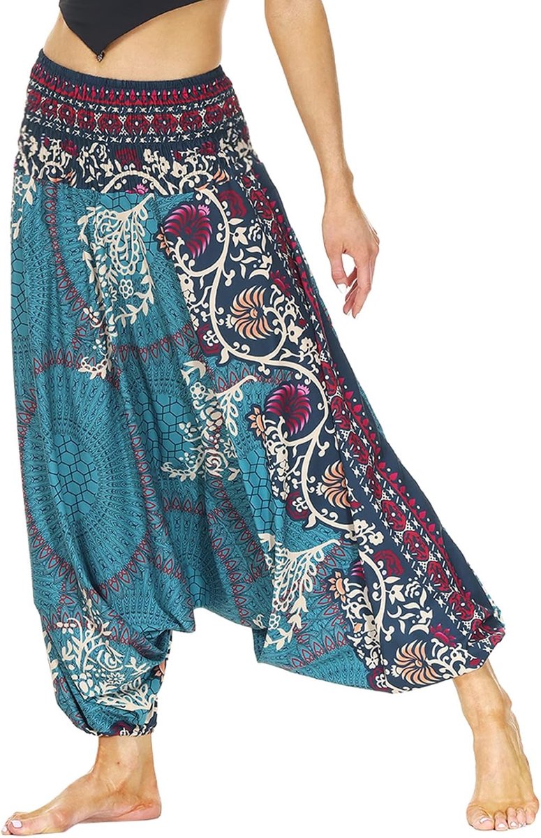 Thaise hippiebroek voor dames, bedrukt, voor de zomer, hoge elastische taille met zakken voor yoga, casual
