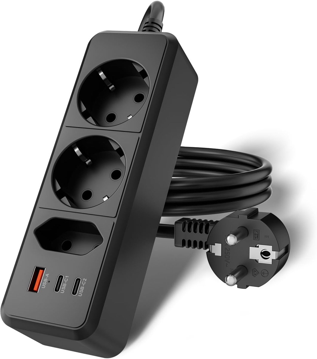 Multiplug met 2 Schuko en 1 EU-stekker en 3 USB, meervoudige stopcontacten met 1,5 m kabel, 2500 W plat stopcontact 10 A, voor kantoor, familie, keuken en reizen