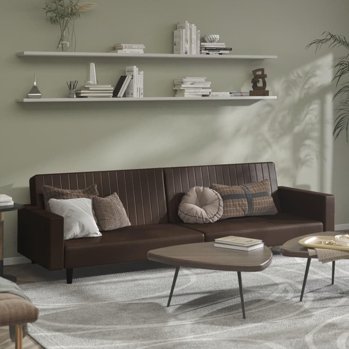 2-zits bruin kunstleer bedgarnituur met verstelbare rugleuningen voor woonkamer en kantoor, duurzaam slaapbed met houten frame en vuilafstotend