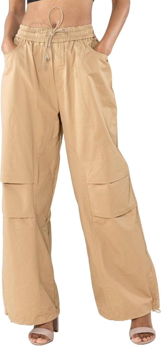 Carter YY306 Cargobroek voor dames, wijd gesneden, hoge taille, trekkoord, plissé op de knieën, verstelbare broekspijpen, streetwear stijl
