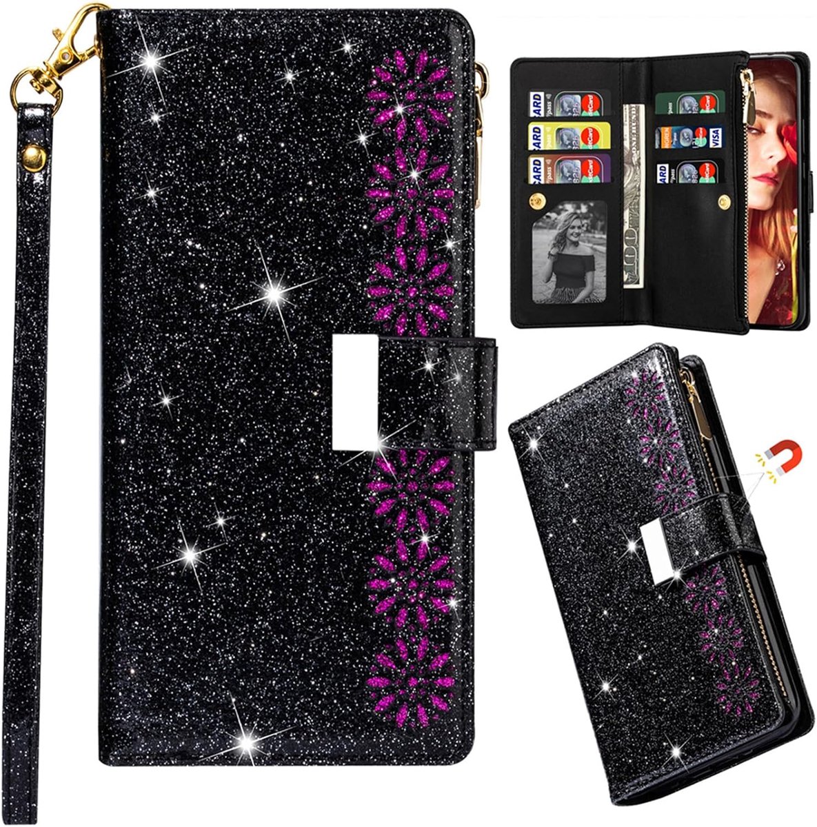 Portemonnee-hoesje voor Samsung Galaxy S24 Ultra (niet S24), Premium PU Lederen Bling Glitter Magnetische Sluiting met Standaard Kaartsleuven, Flip Shockproof Case voor Samsung S24 Ultra.SF