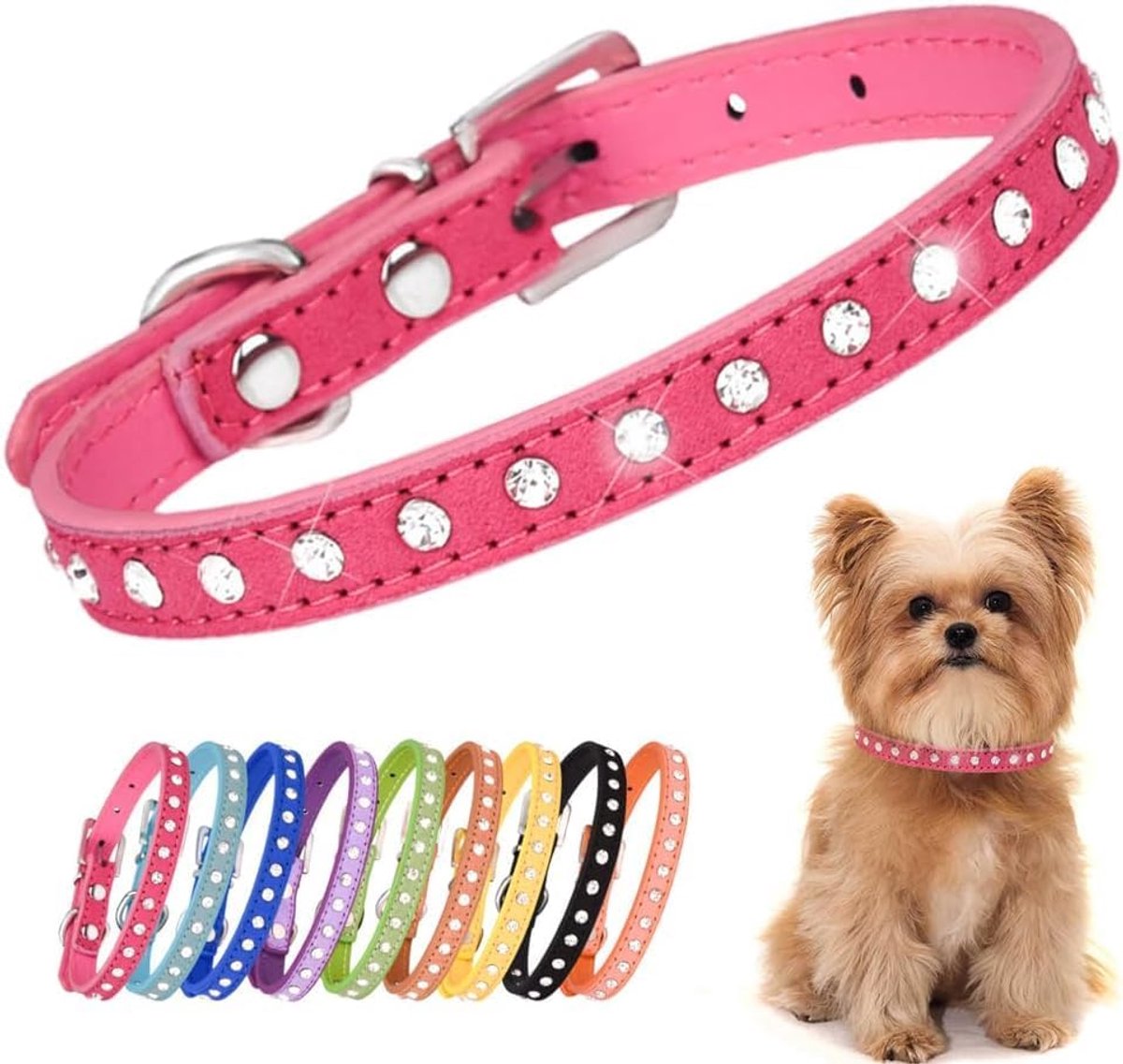 Oogverblindend sprankelend elegant fancy suède leer 1 rijen bling strass kristal juwelen kleine huisdier kat hond puppy halsband... (M, felroze)