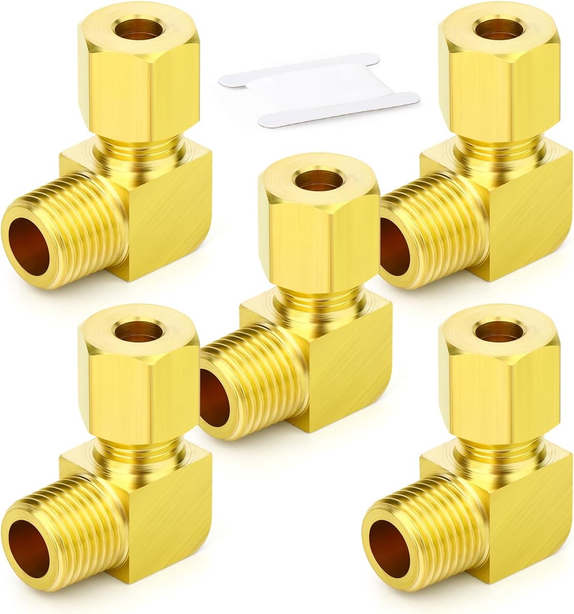 5 stuks messing compressiebuis pijpfitting, 8 mm buis OD x 3/8" BSP schroefdraad 90 graden elleboog mannelijke compressie koppelingsconnector