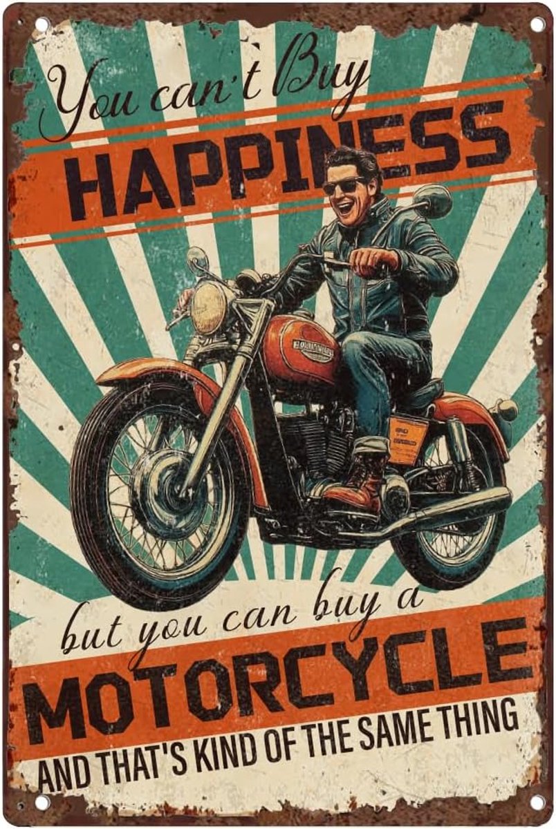 Tinnen bordje voor mannen, rijdend motorfiets, garage, je kunt geluk niet kopen, maar je kunt een motorfiets retro tinnen kunst poster voor thuis man grot muurdecoratie