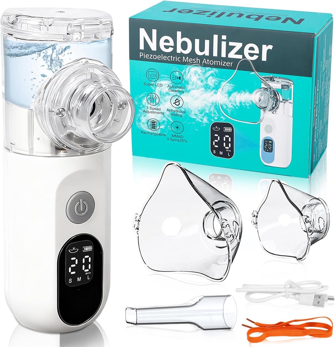 Opladenbare Nebulizer (USB-C), Digitaal Display, Ultrasone Nebulizer voor Kinderen & Volwassenen, Zelfreinigende Functie, Inclusief 2 Maskers en Mondstuk, Ideaal voor Huis & Reizen