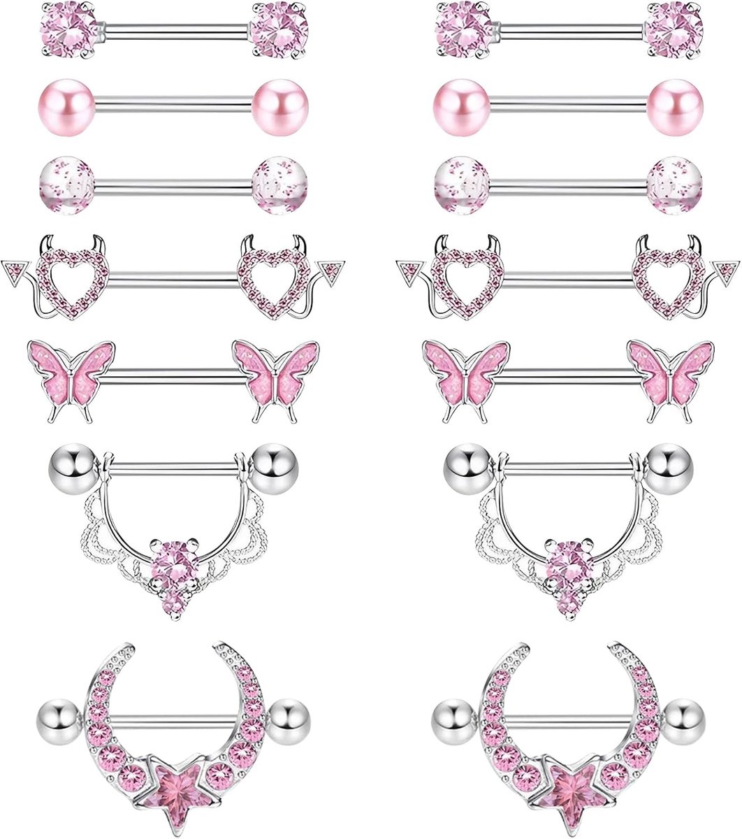 7 paar 14G tepelpiercing voor vrouwen, chirurgisch staal, tongpiercing, roze, vlinder, hart, tepelpiercing, 16 mm, barbell-piercing, roestvrij staal, tepelringen, lichaamspiercing, sieradenset