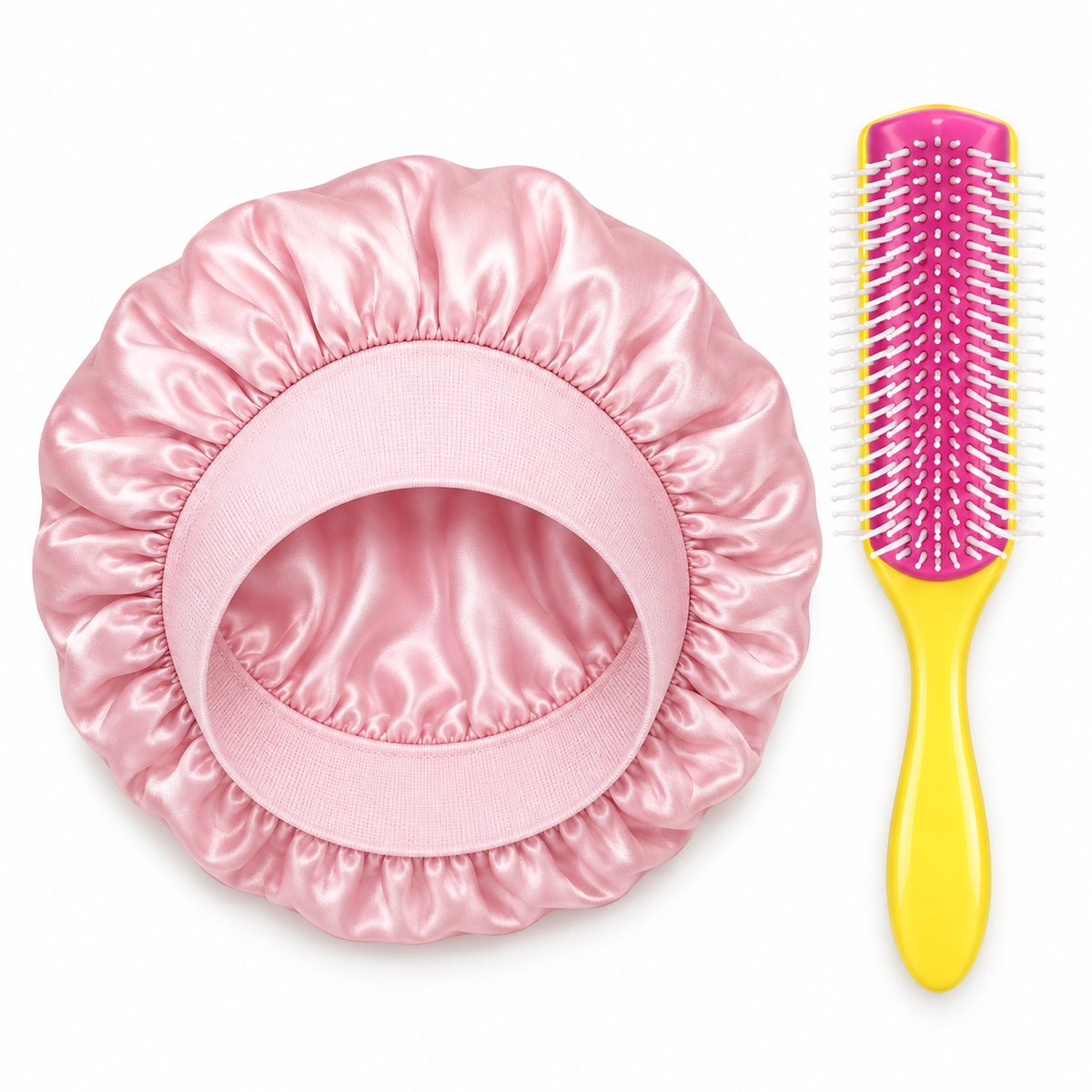 Professor Q Haarverzorgingsset - Satijnen Bonnet Roze - Stylingborstel Fusion Pink - 9 Rijen