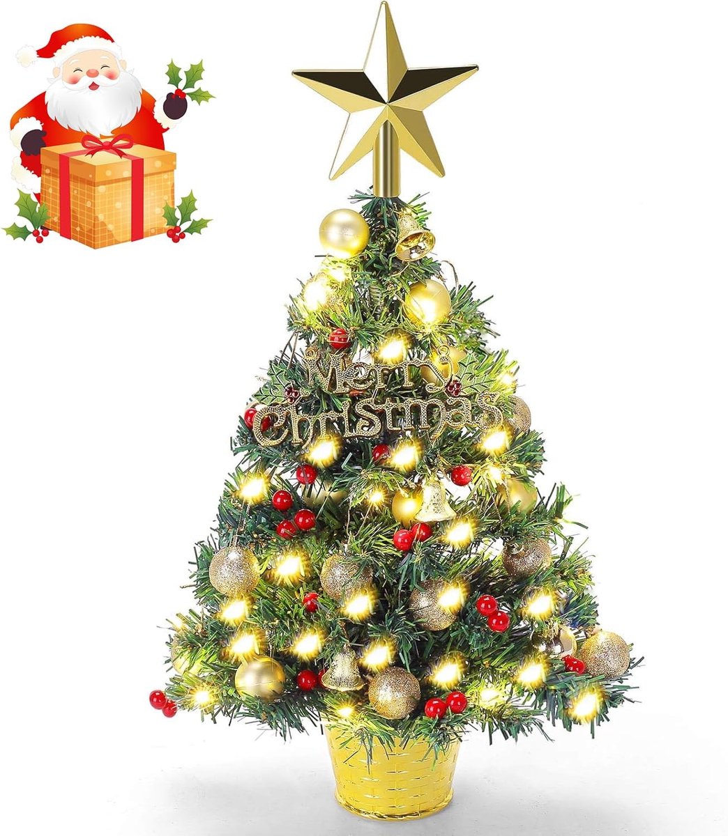 22 inch Pre-Lit Tafelblad Xmas Boom Kunstmatige Mini Kerst Pine Boom met LED String Lights,Ornamenten Ballen & Base,Decoratie voor Vakantie
