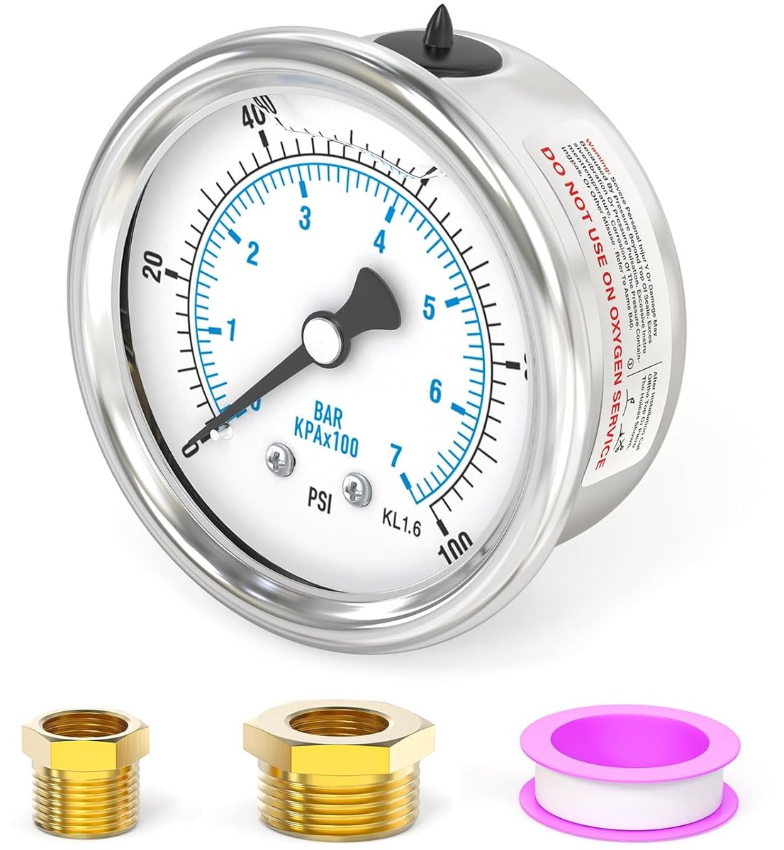 0-7 bar/0-100 psi roestvrij staal 1/8" BSP 2,5" wijzerplaat vloeistofgevulde manometer, achterste montage met 3/8" x 1/8" en 1/4" x 1/8" messing zeskantbus WOG water olie lucht