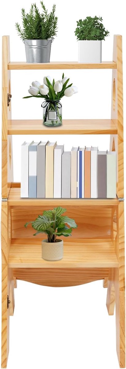 Bibliotheekstoel, trapladder, inklapbare multifunctionele klapstoel, ladderstoel, trapkruk, trapstoel, hout, voor woonkamer, eetkamer, slaapkamer, tot 100 kg, 4 treden, houtkleur